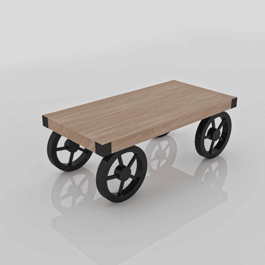 table basse industriel a roulette, fabriquée en bois massif dans nos ateliers en Algérie