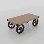 table basse industriel a roulette, fabriquée en bois massif dans nos ateliers en Algérie